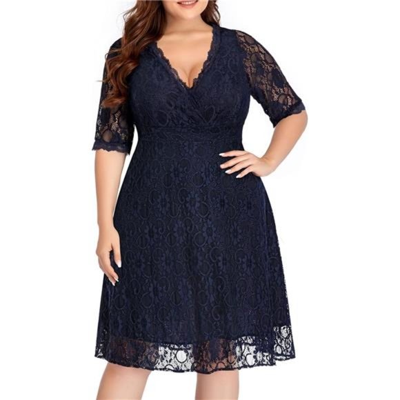 Women's Lace V-Neck Plus Size Cocktail Dress Knee Length Dress, Navy Blue - Picture 1 of 6